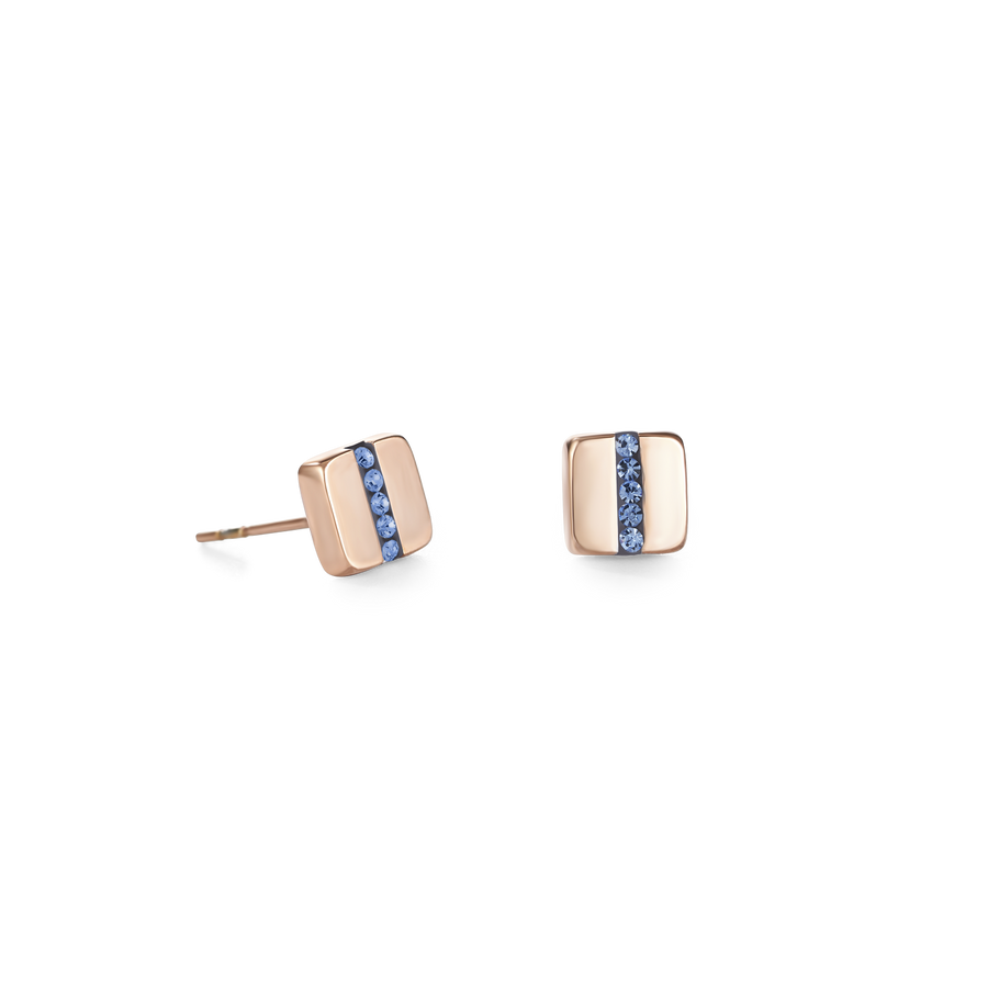 Earrings stainless steel square rose gold & crystals pavé strip light blue