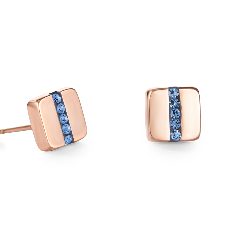 Earrings stainless steel square rose gold & crystals pavé strip light blue