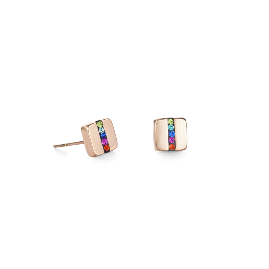Earrings stainless steel square rose gold & crystals pavé strip multicolour