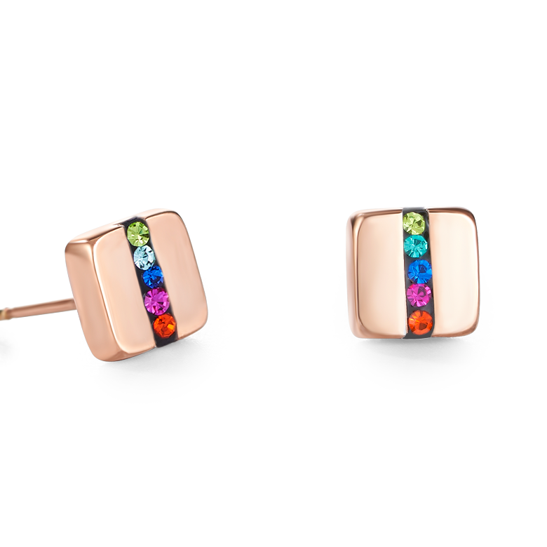 Earrings stainless steel square rose gold & crystals pavé strip multicolour