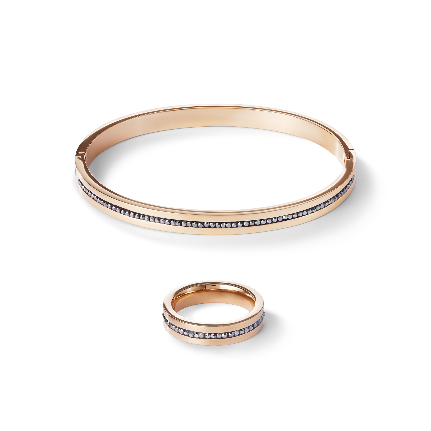 Bangle stainless steel rose gold & crystals pavé strip anthracite