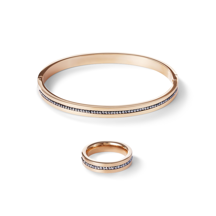Bangle stainless steel rose gold & crystals pavé strip anthracite