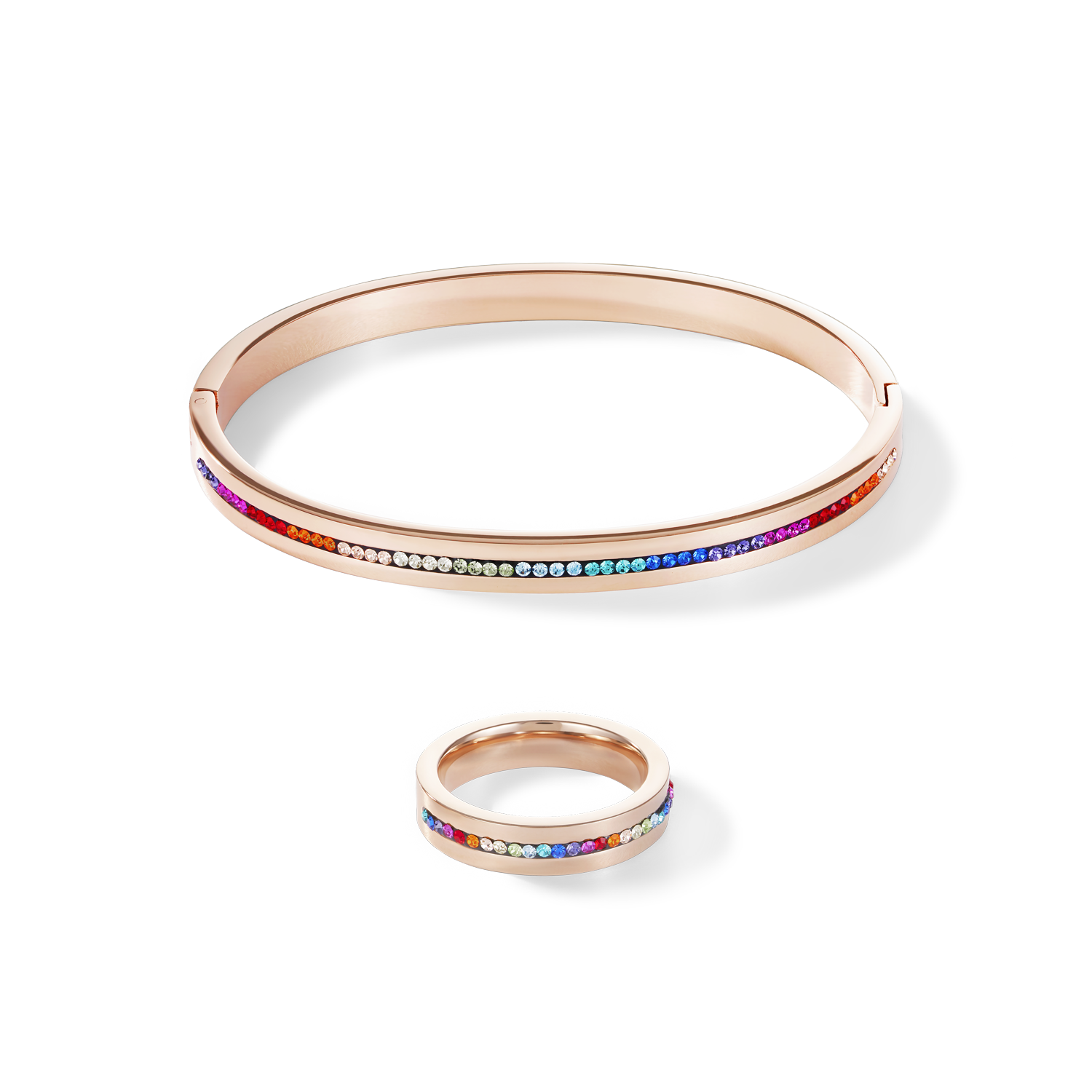 Bangle stainless steel rose gold & crystals pavé strip multicolour