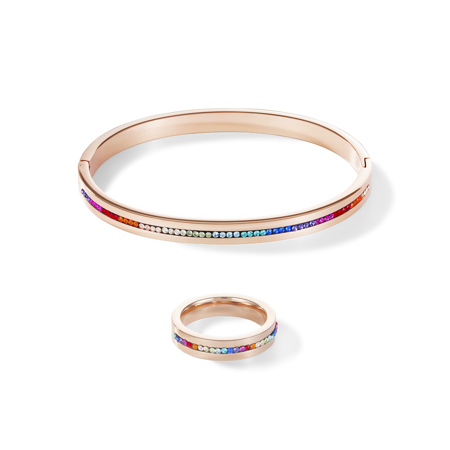 Bangle stainless steel rose gold & crystals pavé strip multicolour