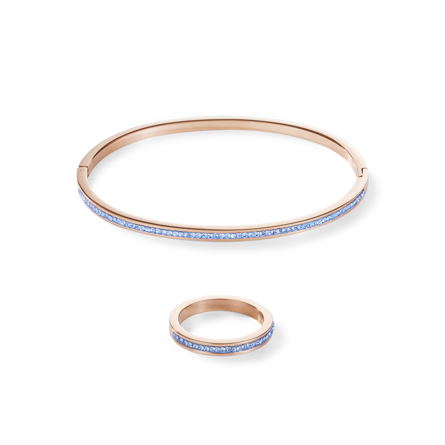 Bangle slim stainless steel rose gold & crystals pavé light blue