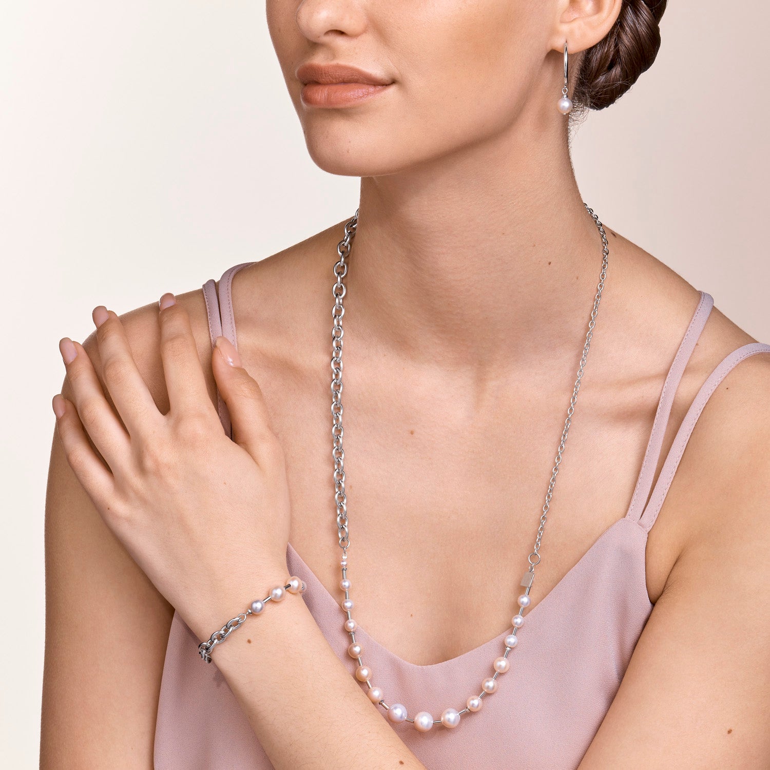 Necklace Freshwater pearls & chunky chain 4-in-1 white-silver