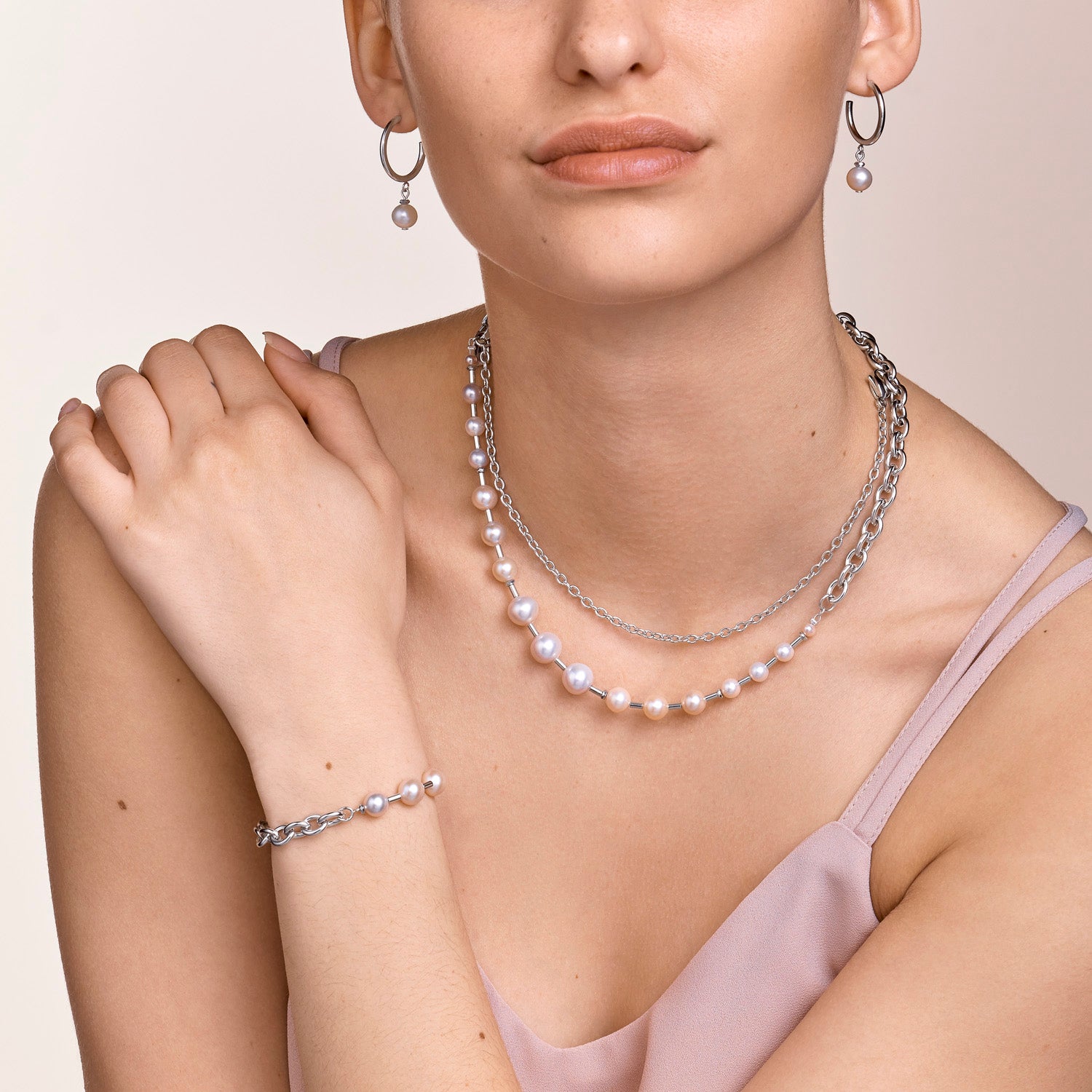 Necklace Freshwater pearls & chunky chain 4-in-1 white-silver