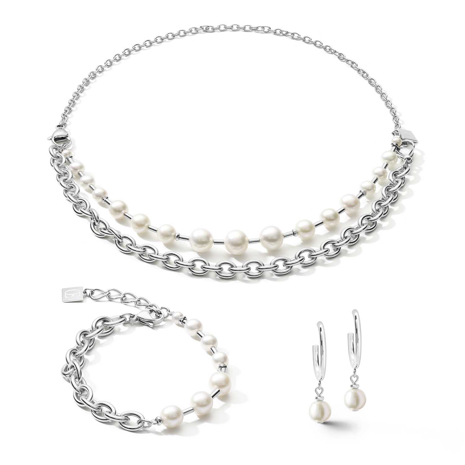 Necklace Freshwater pearls & chunky chain 4-in-1 white-silver