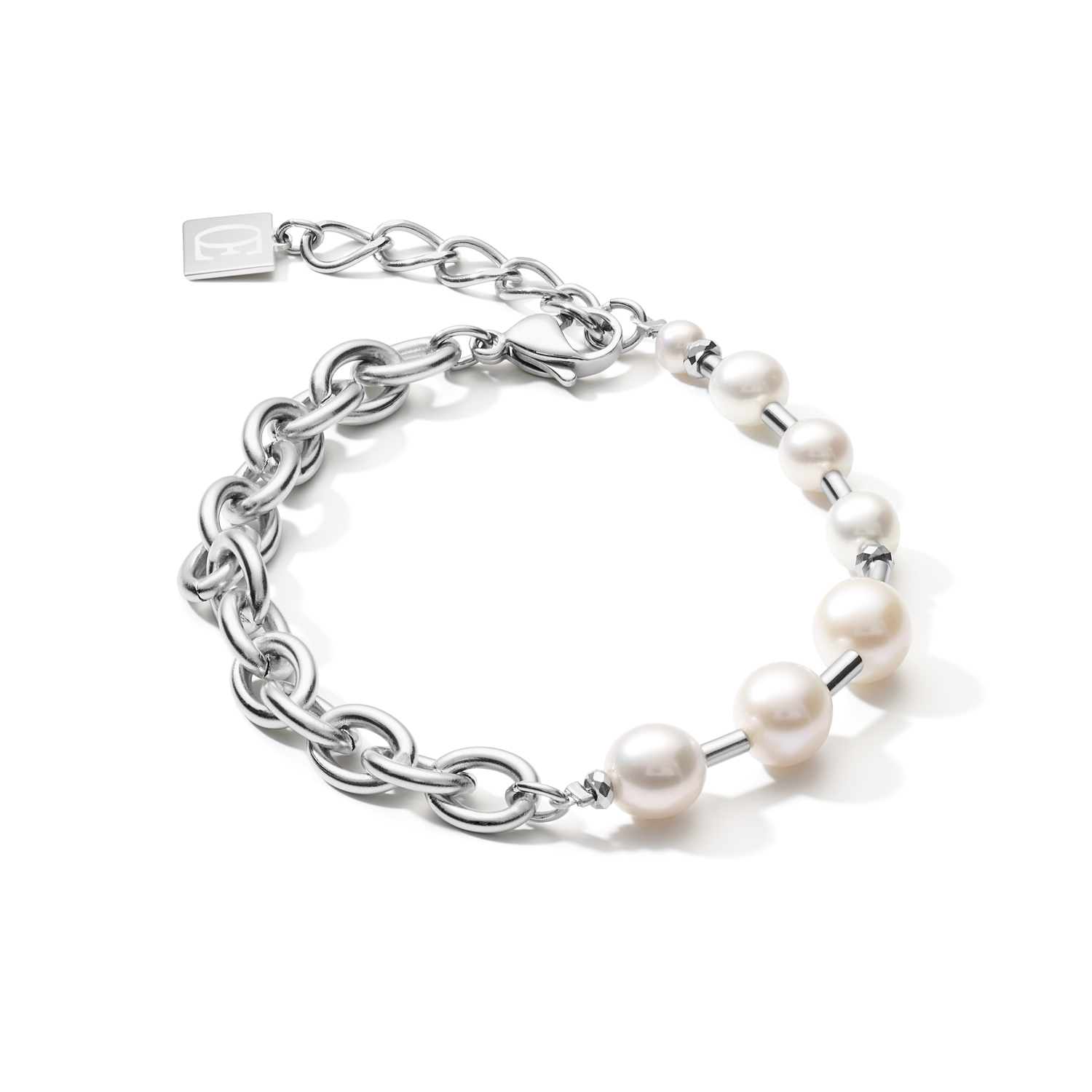 Bracelet freshwater pearls & chunky chain 4-in-1 white-silver