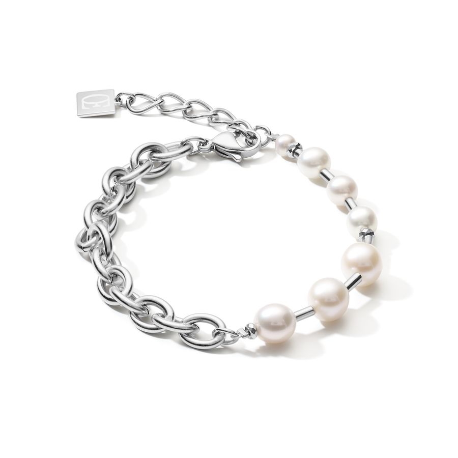 Bracelet freshwater pearls & chunky chain 4-in-1 white-silver