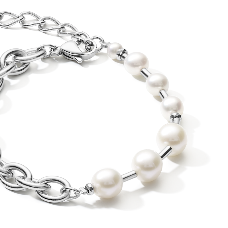 Bracelet freshwater pearls & chunky chain 4-in-1 white-silver