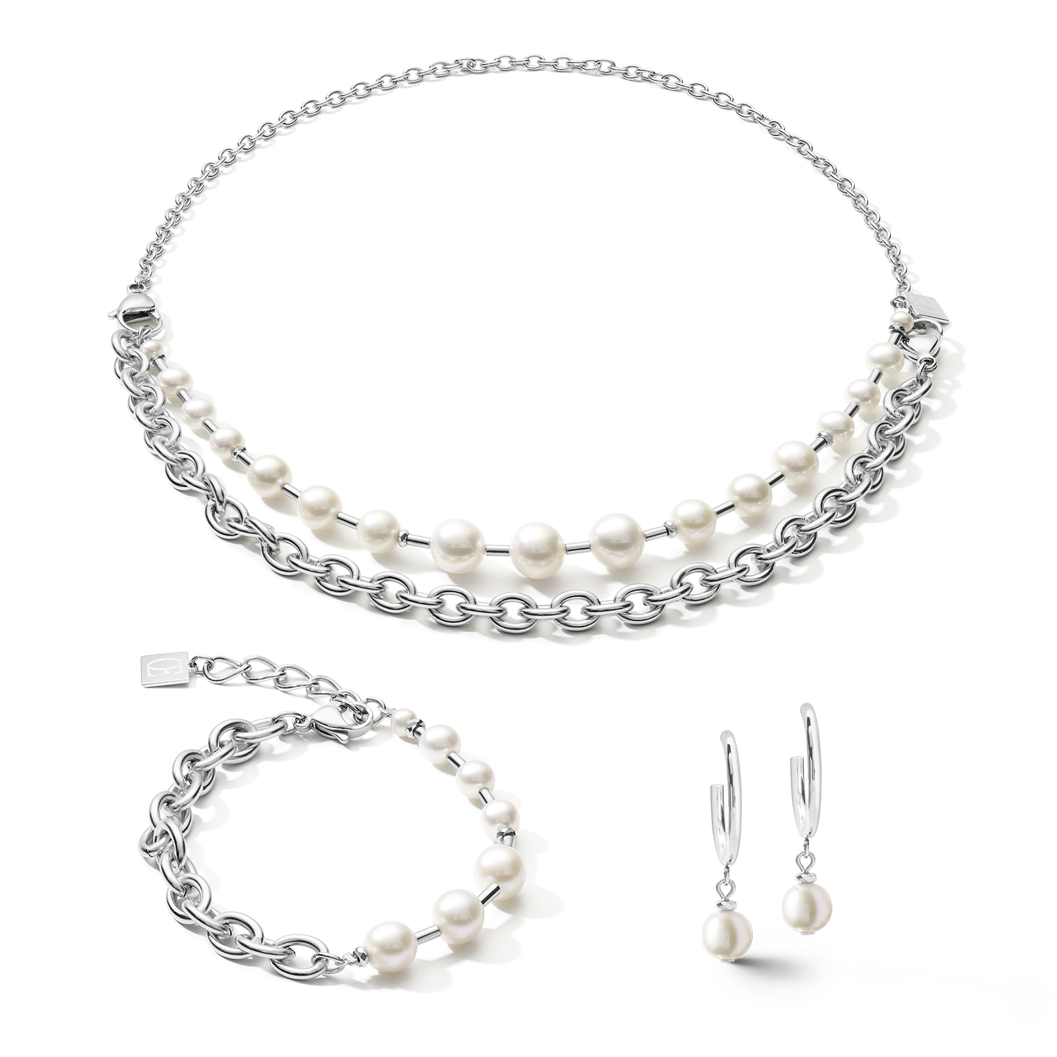 Bracelet freshwater pearls & chunky chain 4-in-1 white-silver