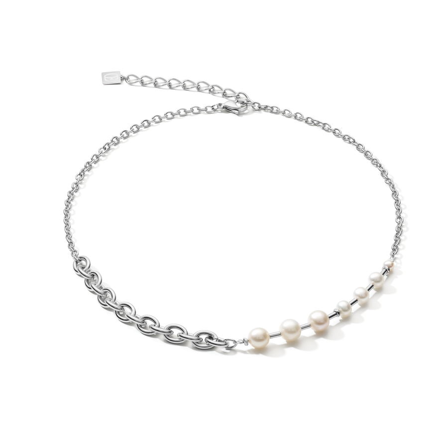 Necklace classic & modern Freshwater pearls & stainless steel chain white-silver