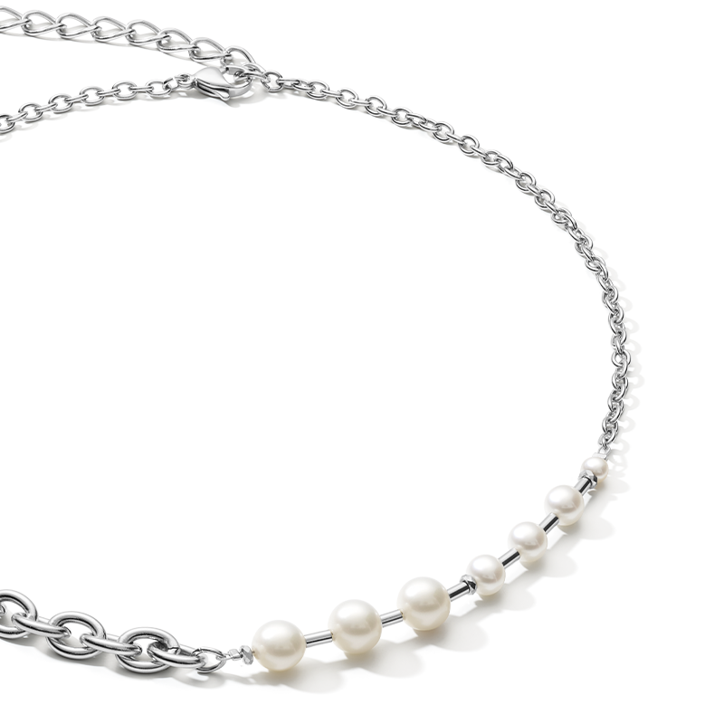 Necklace classic & modern Freshwater pearls & stainless steel chain white-silver