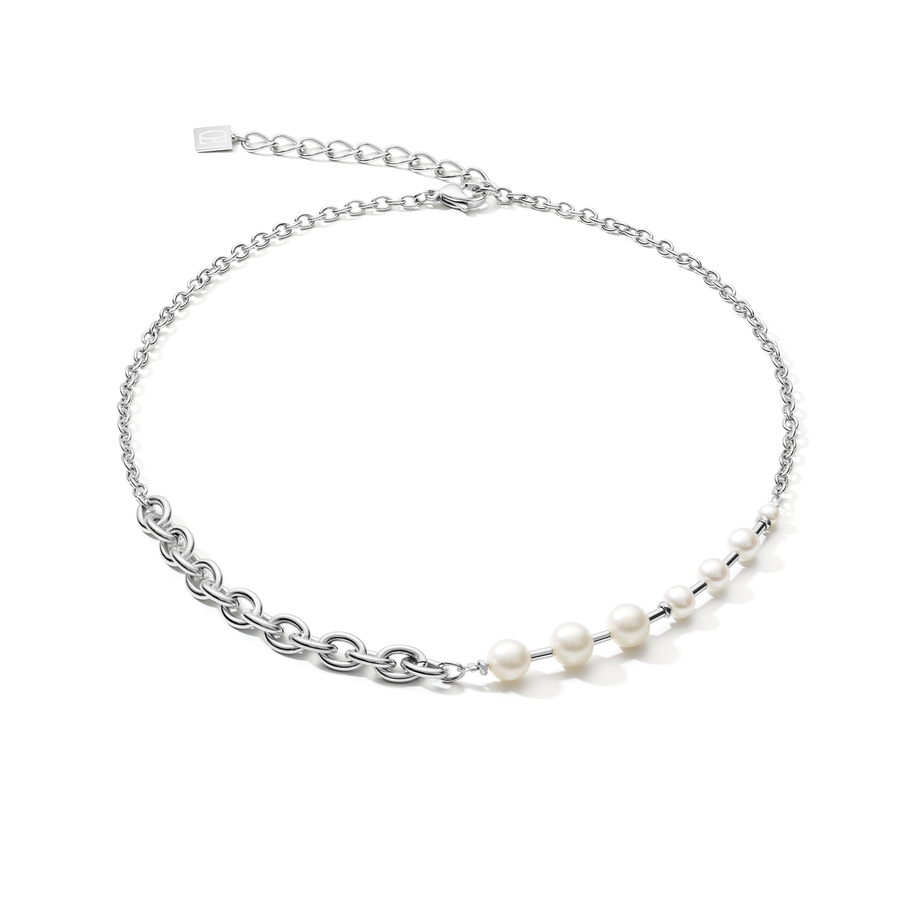 Necklace classic & modern Freshwater pearls & stainless steel chain white-silver