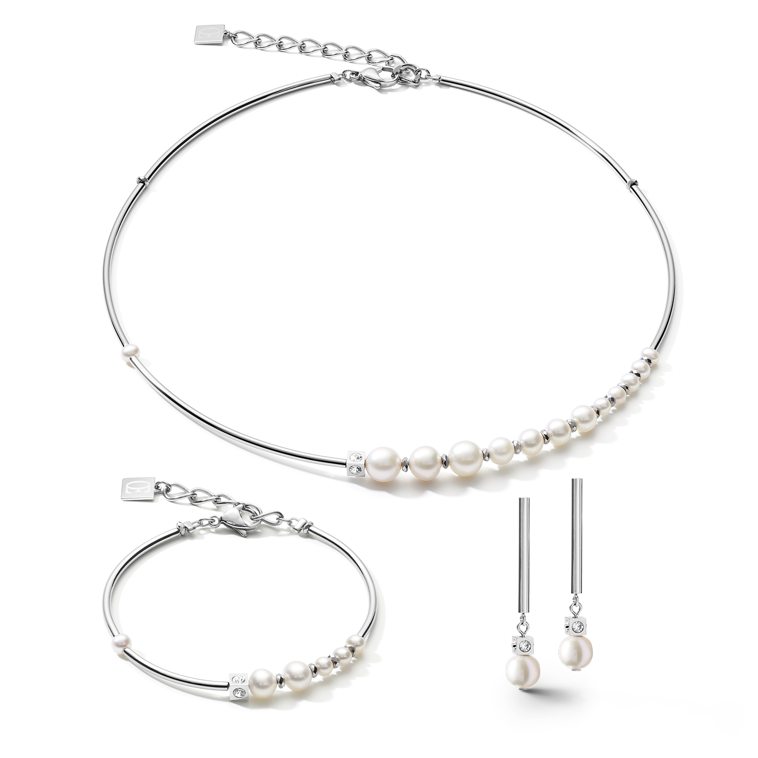 Necklace Asymmetry freshwater pearls & stainless steel white-silver