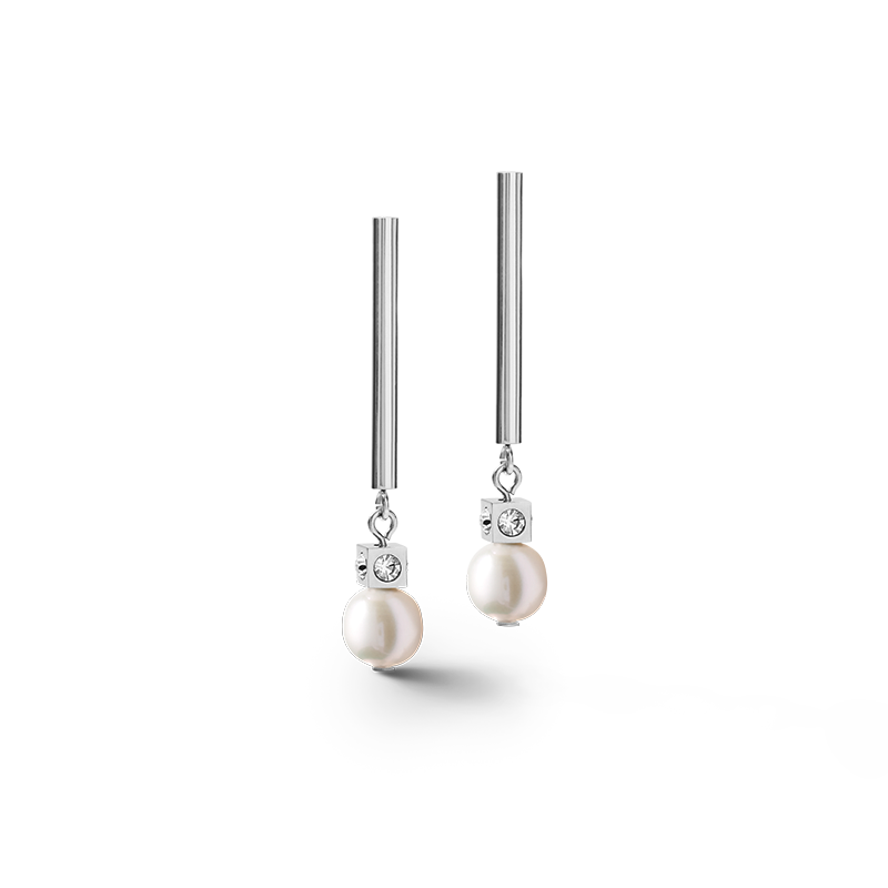 Earrings Asymmetry freshwater pearls & stainless steel white-silver