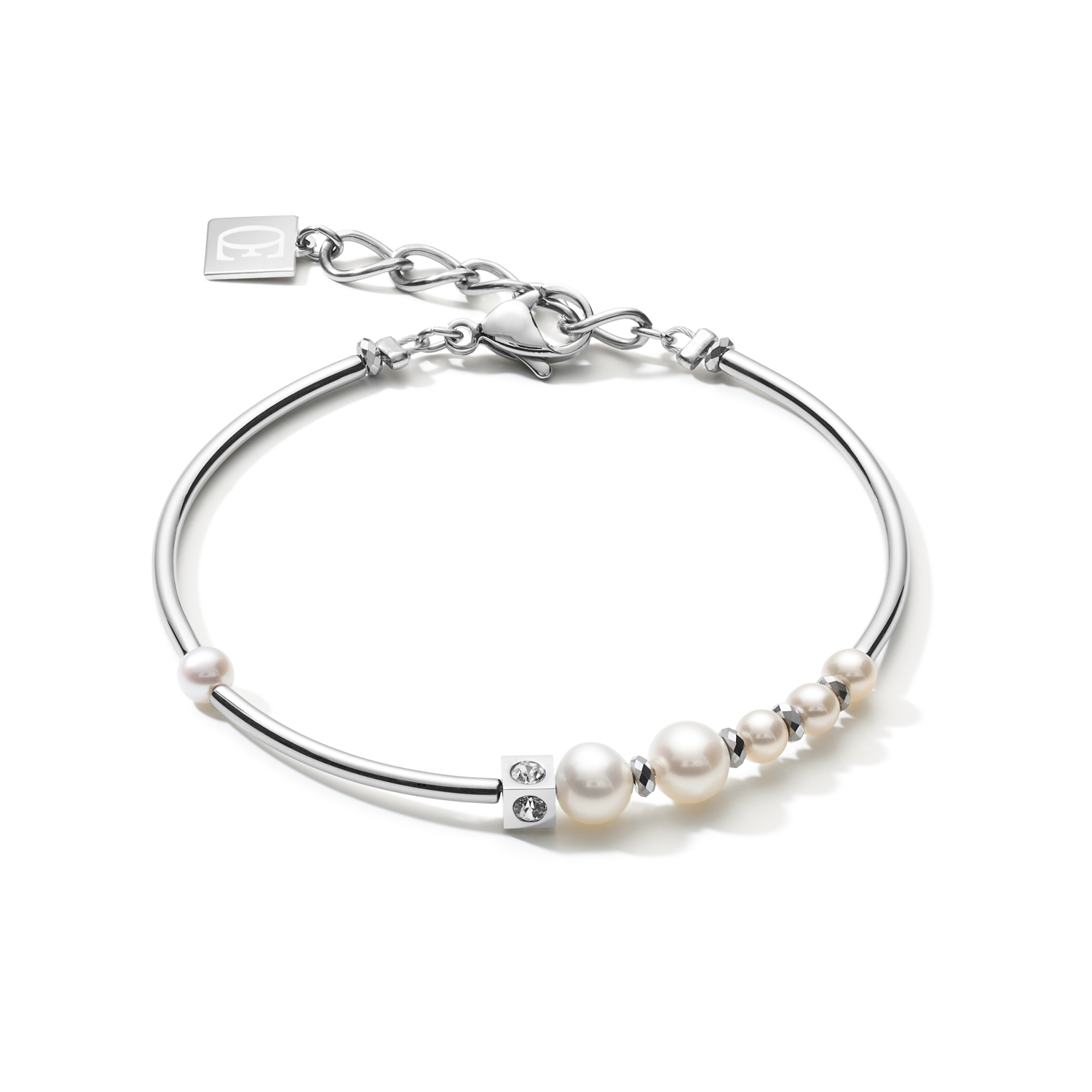 Bracelet Asymmetry freshwater pearls & stainless steel white-silver