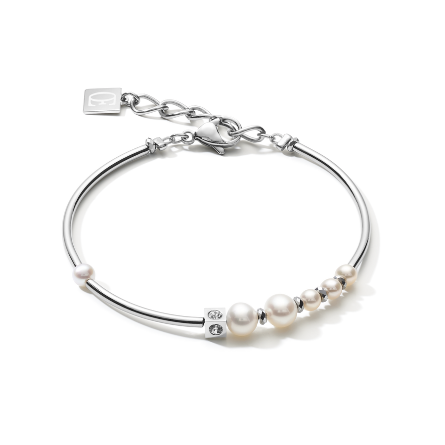 Bracelet Asymmetry freshwater pearls & stainless steel white-silver