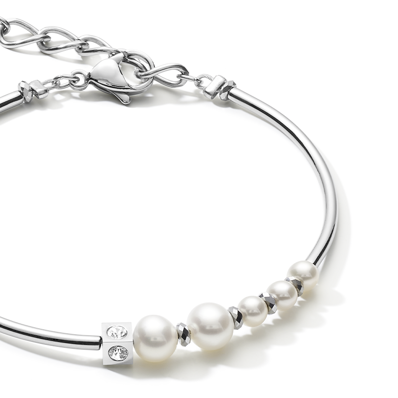 Bracelet Asymmetry freshwater pearls & stainless steel white-silver