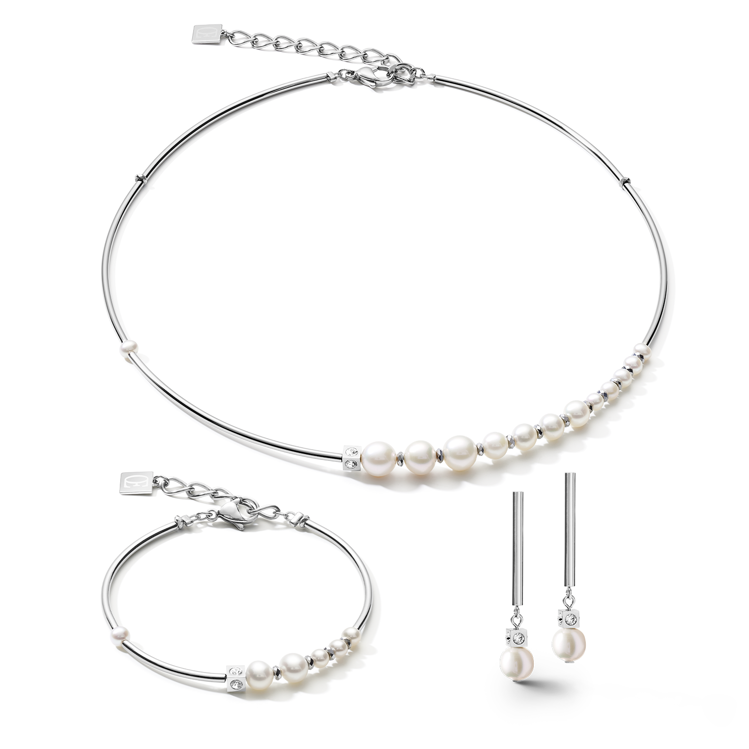 Jewellery set Asymmetry freshwater pearls white-silver