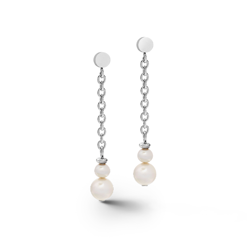 Earrings Y chain & ring Freshwater pearls & stainless steel white-silver