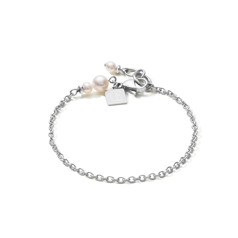 Bracelet Y chain & ring Freshwater pearls & stainless steel white-silver