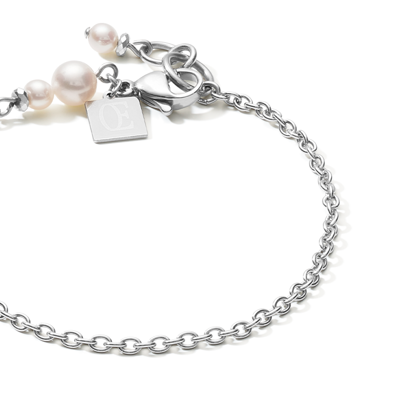 Bracelet Y chain & ring Freshwater pearls & stainless steel white-silver