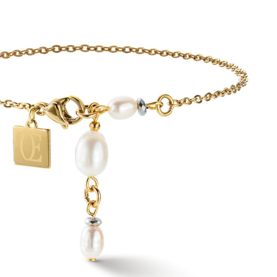 Bracelet Y chain & oval Freshwater Pearls gold white