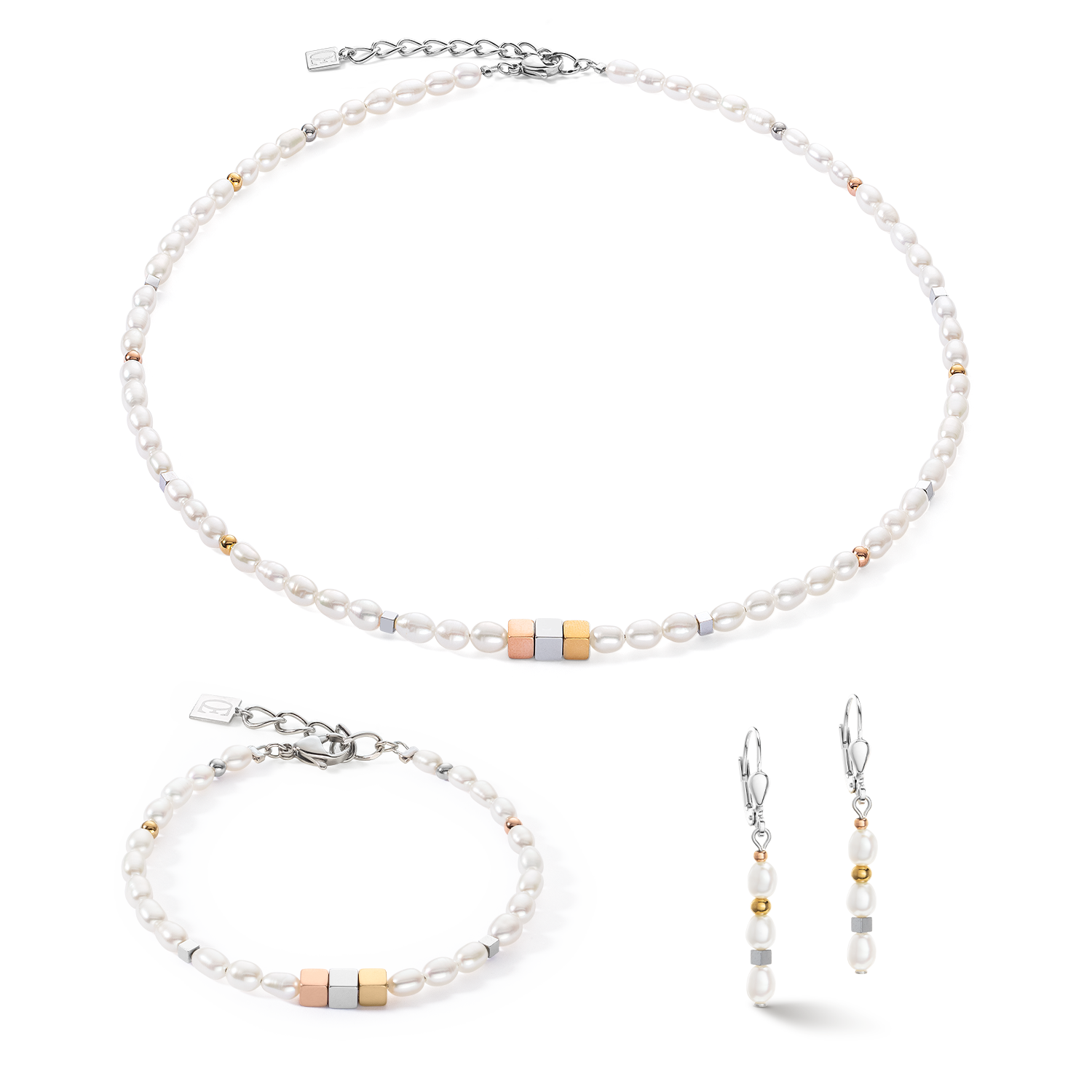 Jewellery Set Cube Trilogy & oval Freshwater Pearls