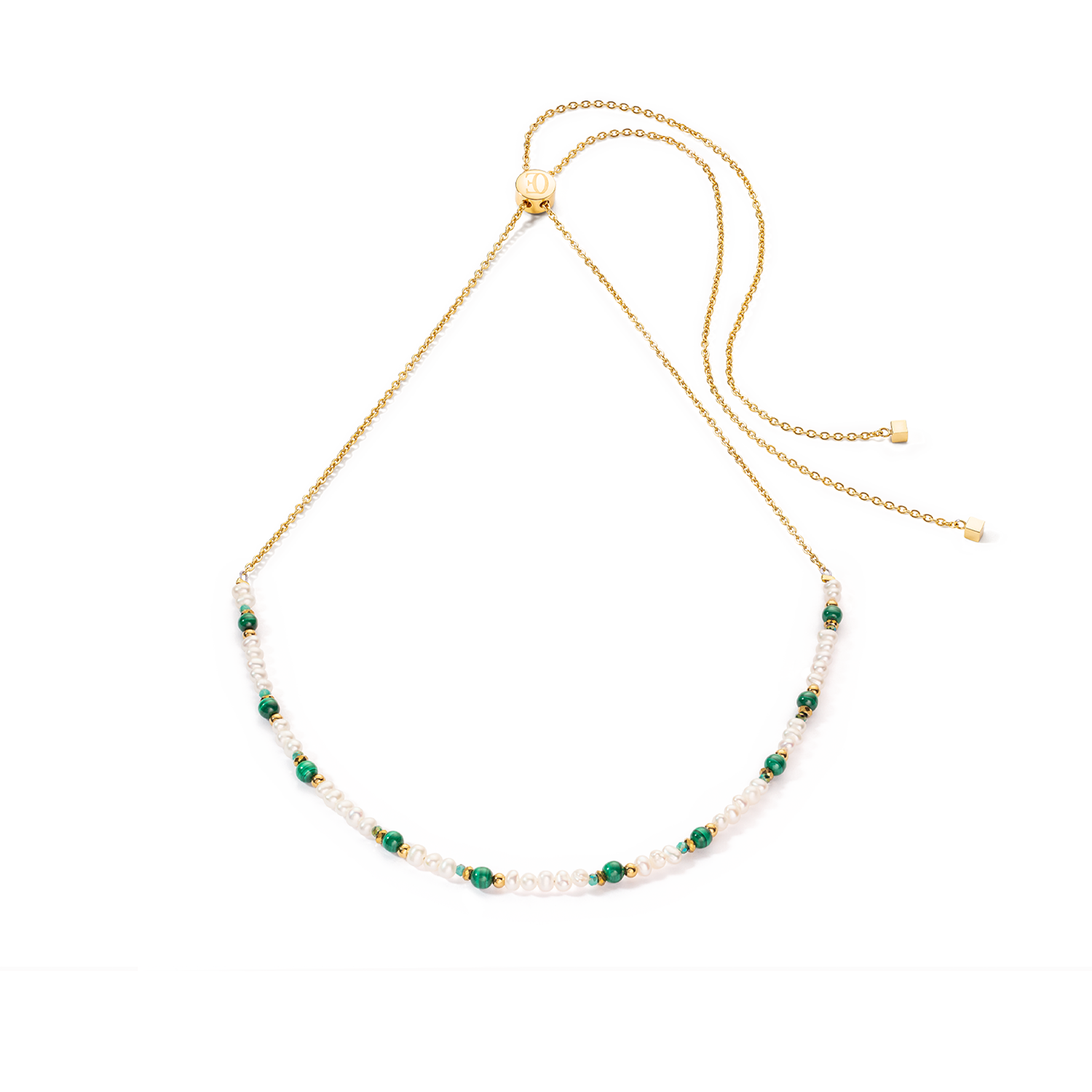 Harmony necklace freshwater pearls malachite & gold