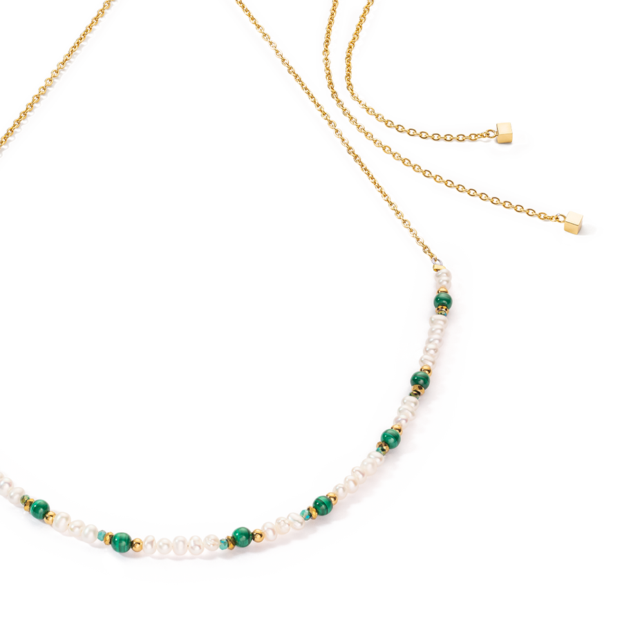 Harmony necklace freshwater pearls malachite & gold