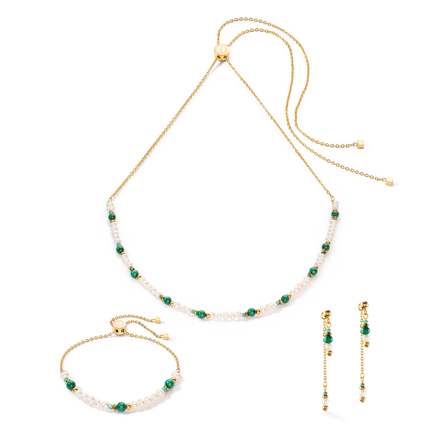 Harmony necklace freshwater pearls malachite & gold