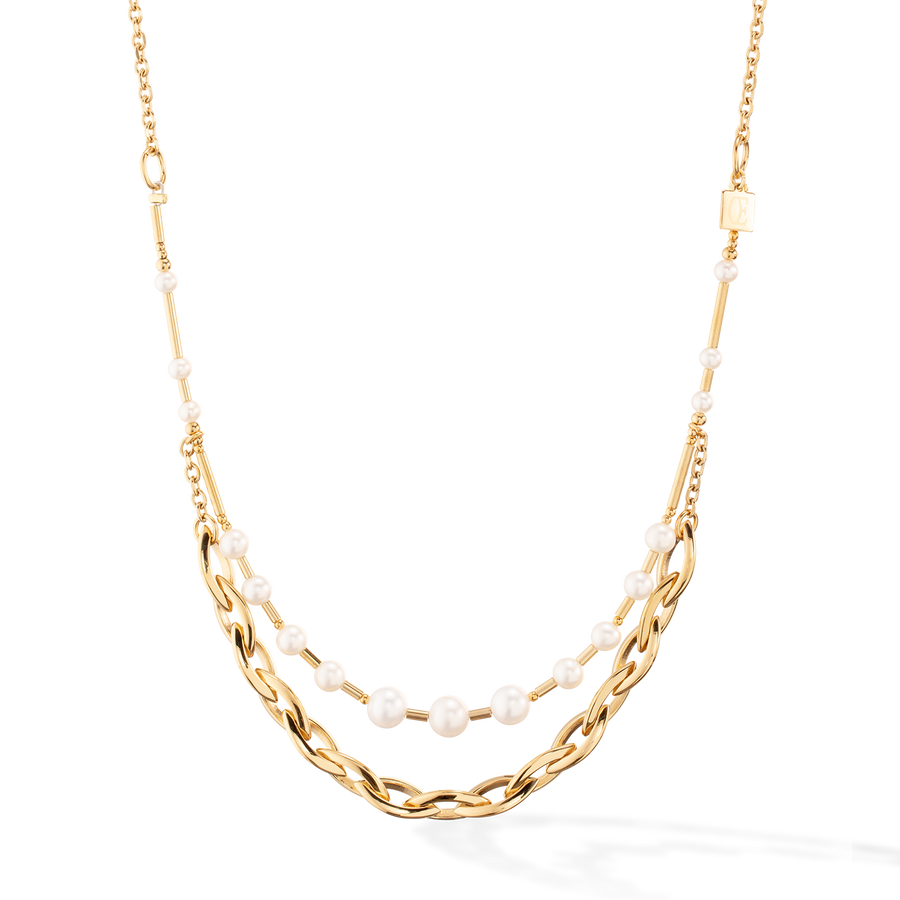 Necklace Freshwater Pearls & Chunky Chain Navette Multiwear white-gold