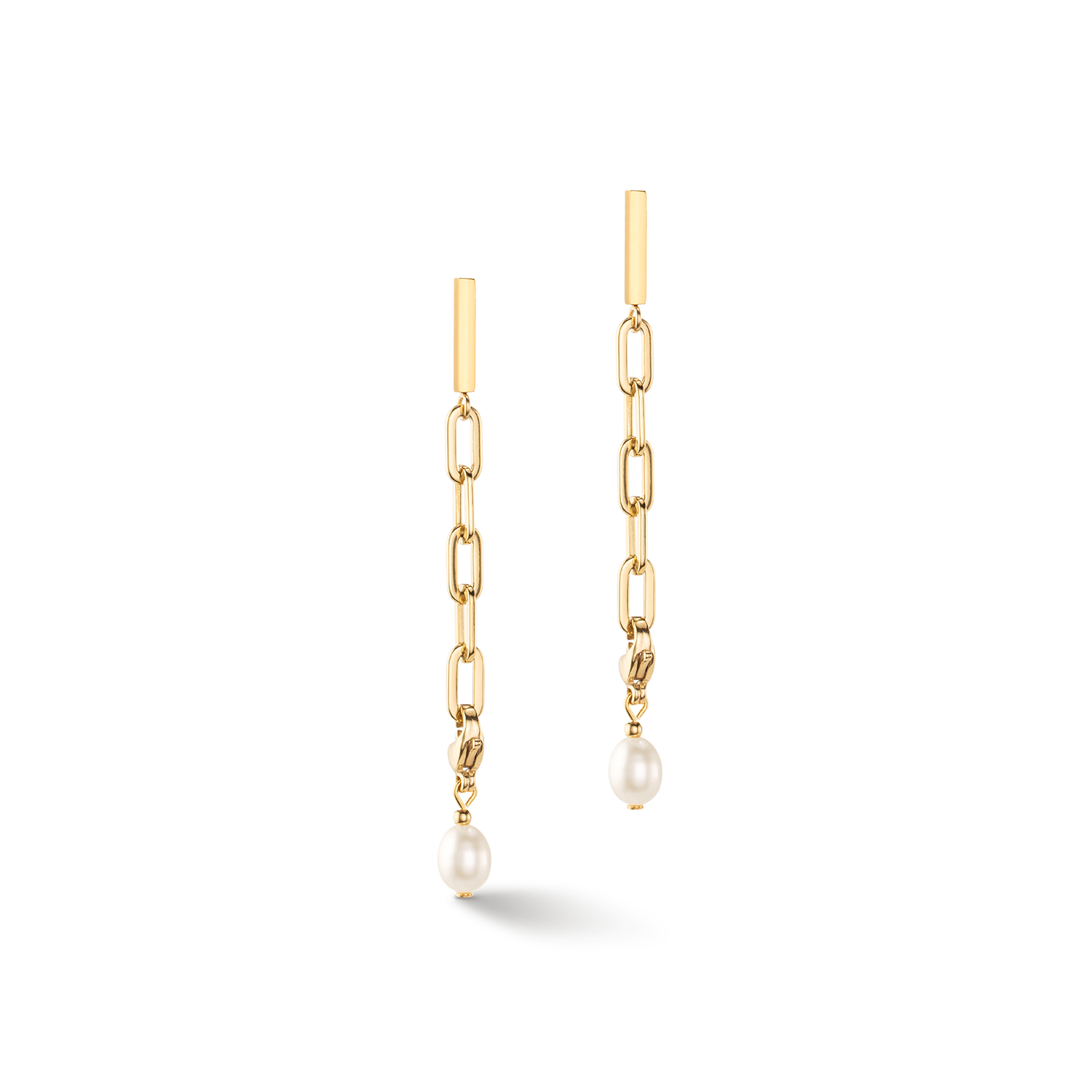 Modern chain earrings with freshwater pearl charms gold