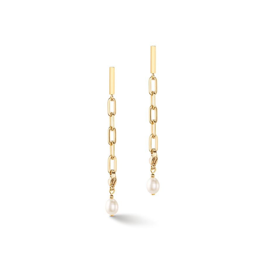 Modern chain earrings with freshwater pearl charms gold