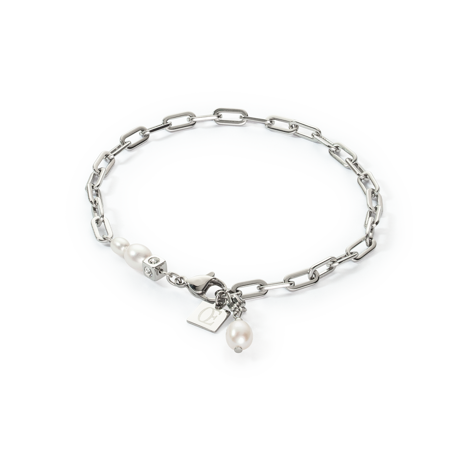 Modern chain bracelet with freshwater pearl charms silver