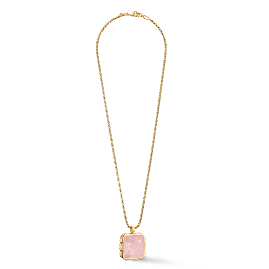 Necklace Amulet Spikes Square Rose Quartz gold-pink