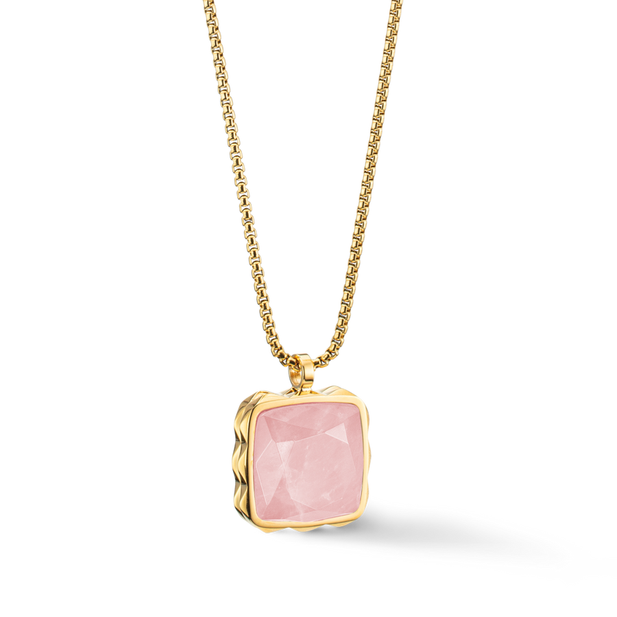 Necklace Amulet Spikes Square Rose Quartz gold-pink