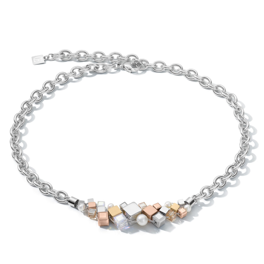 Necklace GEOCUBE® Cluster freshwater pearls & chunky chain tricolor