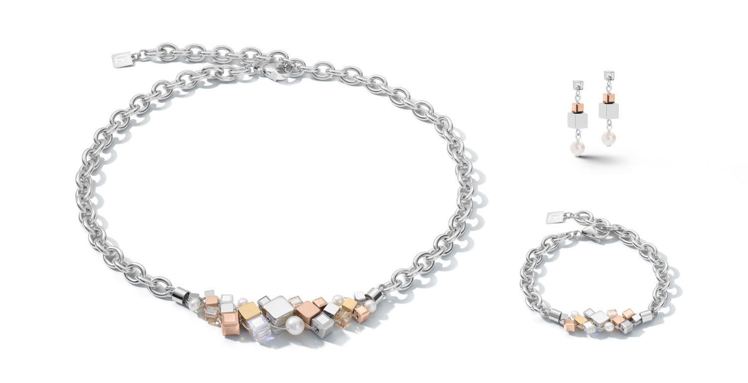 Necklace GEOCUBE® Cluster freshwater pearls & chunky chain tricolor