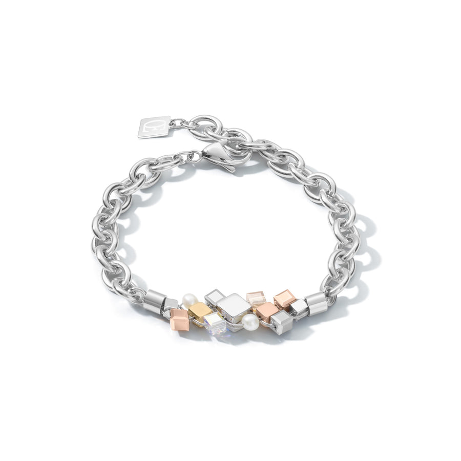 Bracelet GEOCUBE® Cluster freshwater pearls & chunky chain tricolor