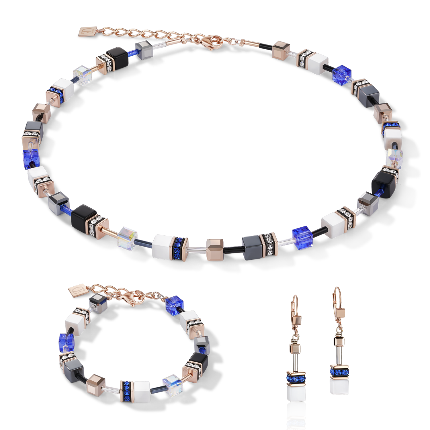 GeoCUBE® Necklace rose gold, white & blue