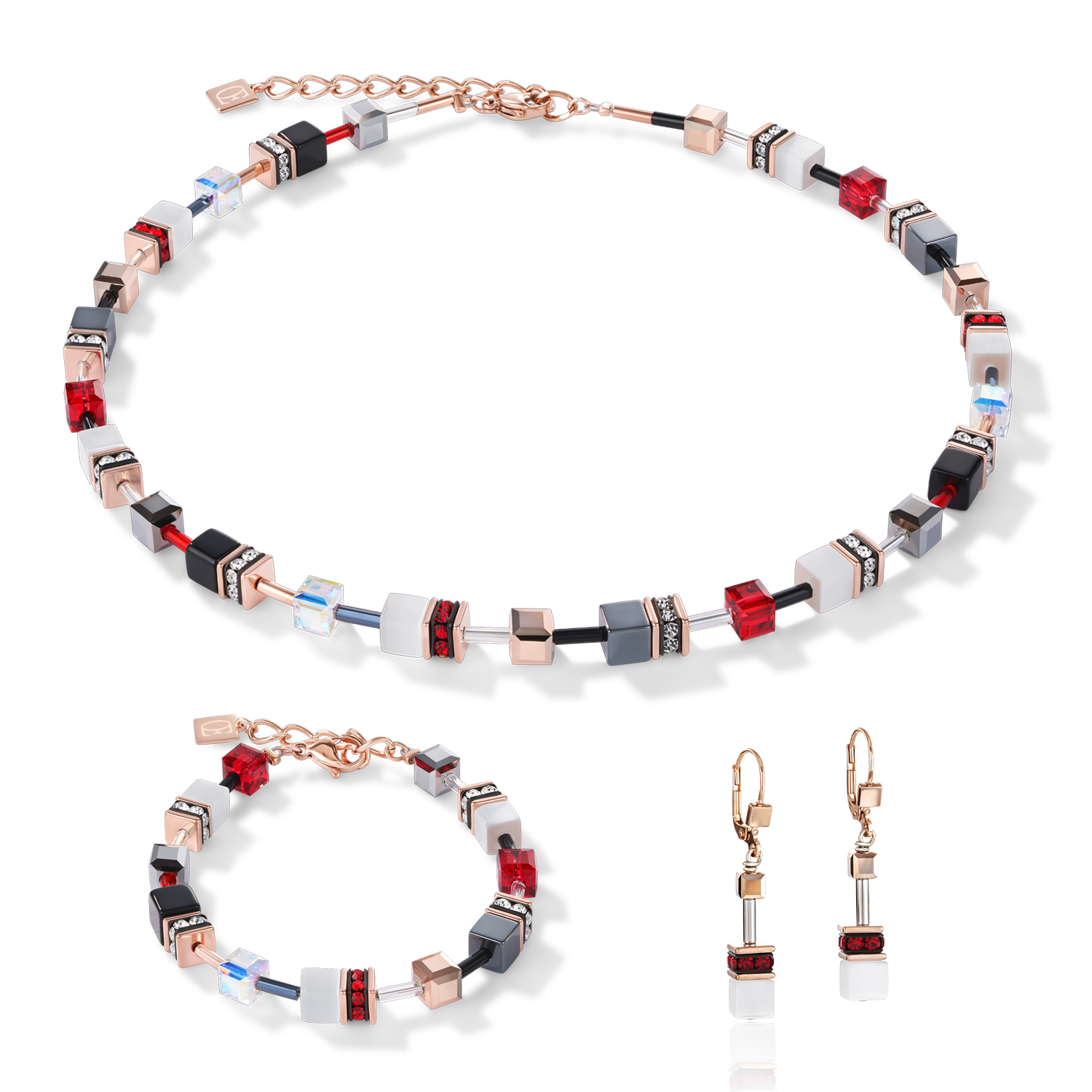 GeoCUBE® Earrings rose gold, white & red
