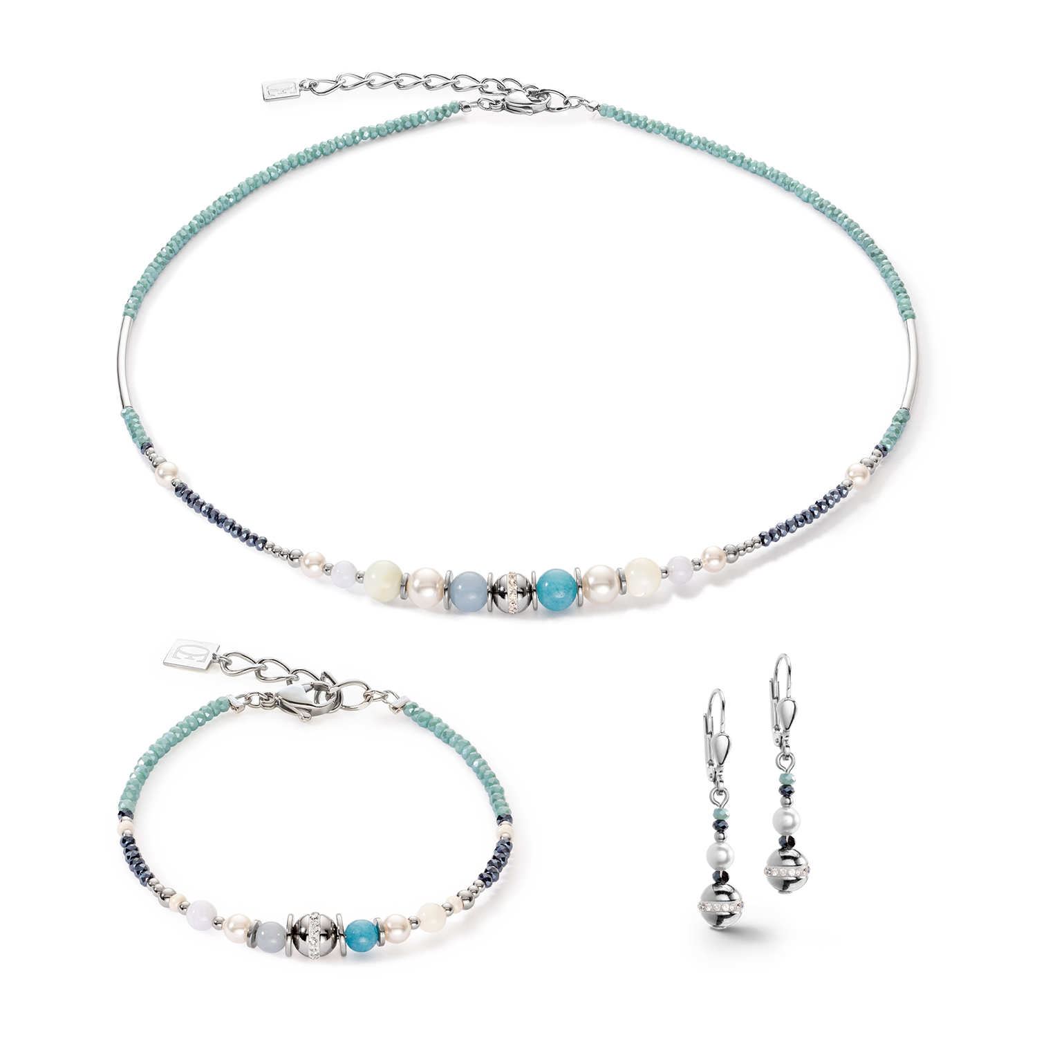 Earrings Ball small Gemstones & Crystal Pearls aqua-silver