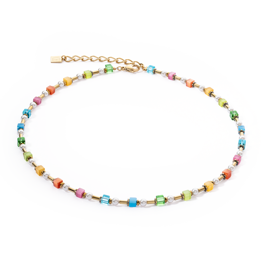 Necklace Mini Cubes & Pearls Mix gold-rainbow