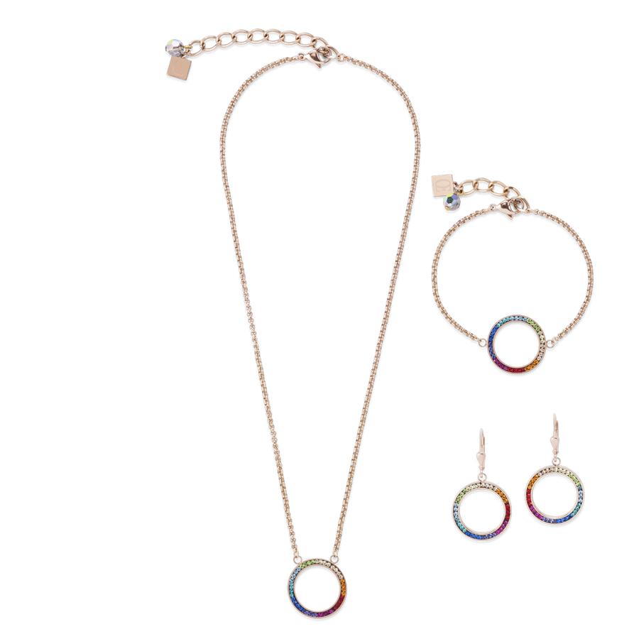 Necklace Ring Crystals pavé & stainless steel rose gold & multicolour