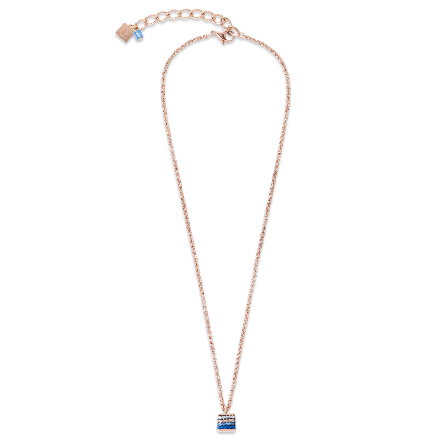 Necklace Cube Crystals pavé & stainless steel rose gold & blue