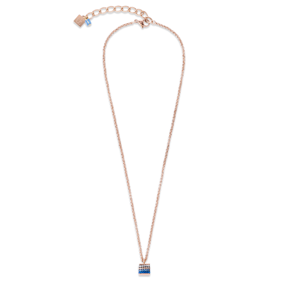 Necklace Cube Crystals pavé & stainless steel rose gold & blue