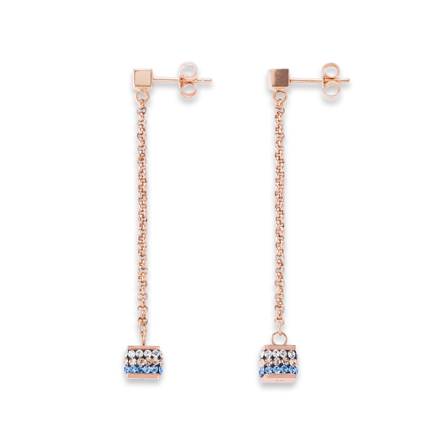 Earrings Cube Crystals pavé & stainless steel rose gold & blue